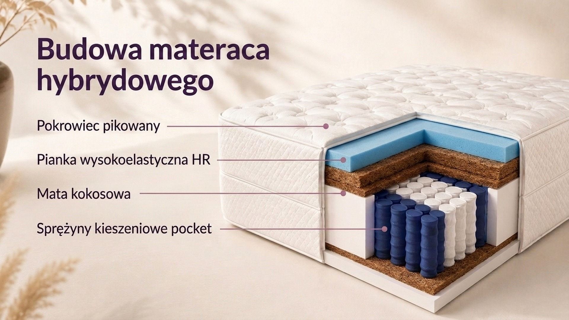 Przekrój materaca hybrydowego z opisem warstw, sprężyny pocket, mata kokosowa, pianka T25 i Visco